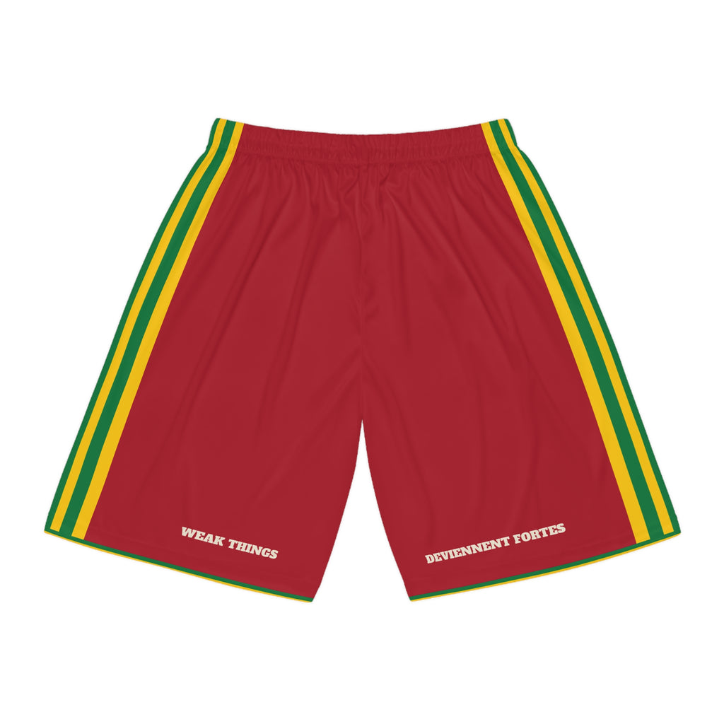 Republic of Congo Brazzaville Mission Basketball Shorts, back view with WEAK THINGS and DEVIENNENT FORTES on the legs