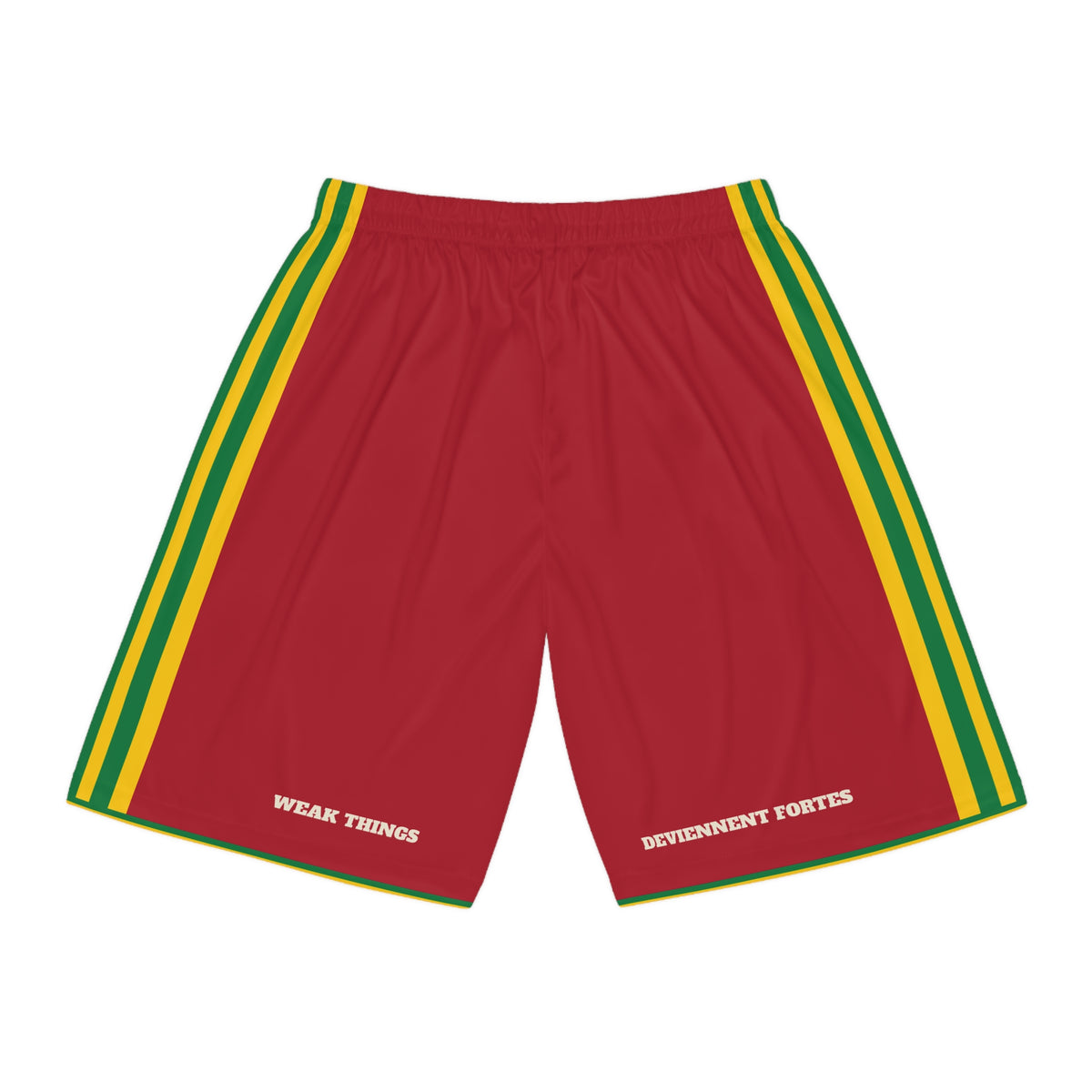 Republic of Congo Brazzaville Mission Basketball Shorts, back view with WEAK THINGS and DEVIENNENT FORTES on the legs