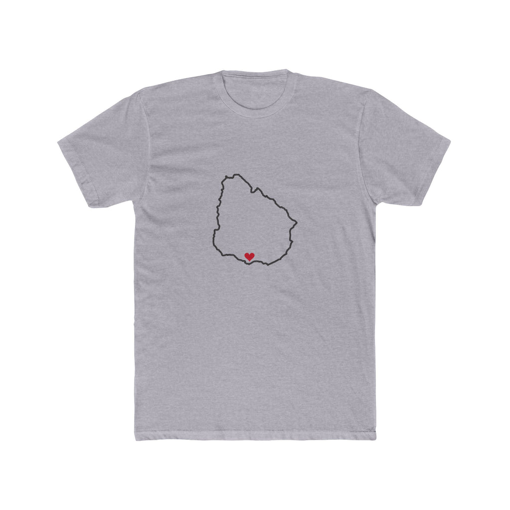 Uruguay Montevideo West Mission Heart Map shirt in Heather Grey: Uruguay outline with a red heart, front view