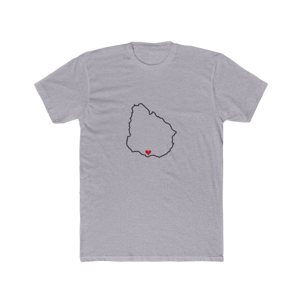 Uruguay Montevideo West Mission Heart Map shirt in Heather Grey: Uruguay outline with a red heart, front view