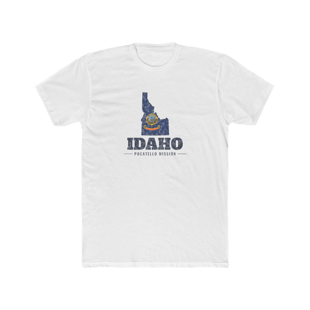 Idaho Pocatello Mission Flag Map shirt in White: Idaho state flag in the outline of Idaho with navy lettering, front view