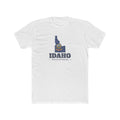 Idaho Pocatello Mission Flag Map shirt in White: Idaho state flag in the outline of Idaho with navy lettering, front view
