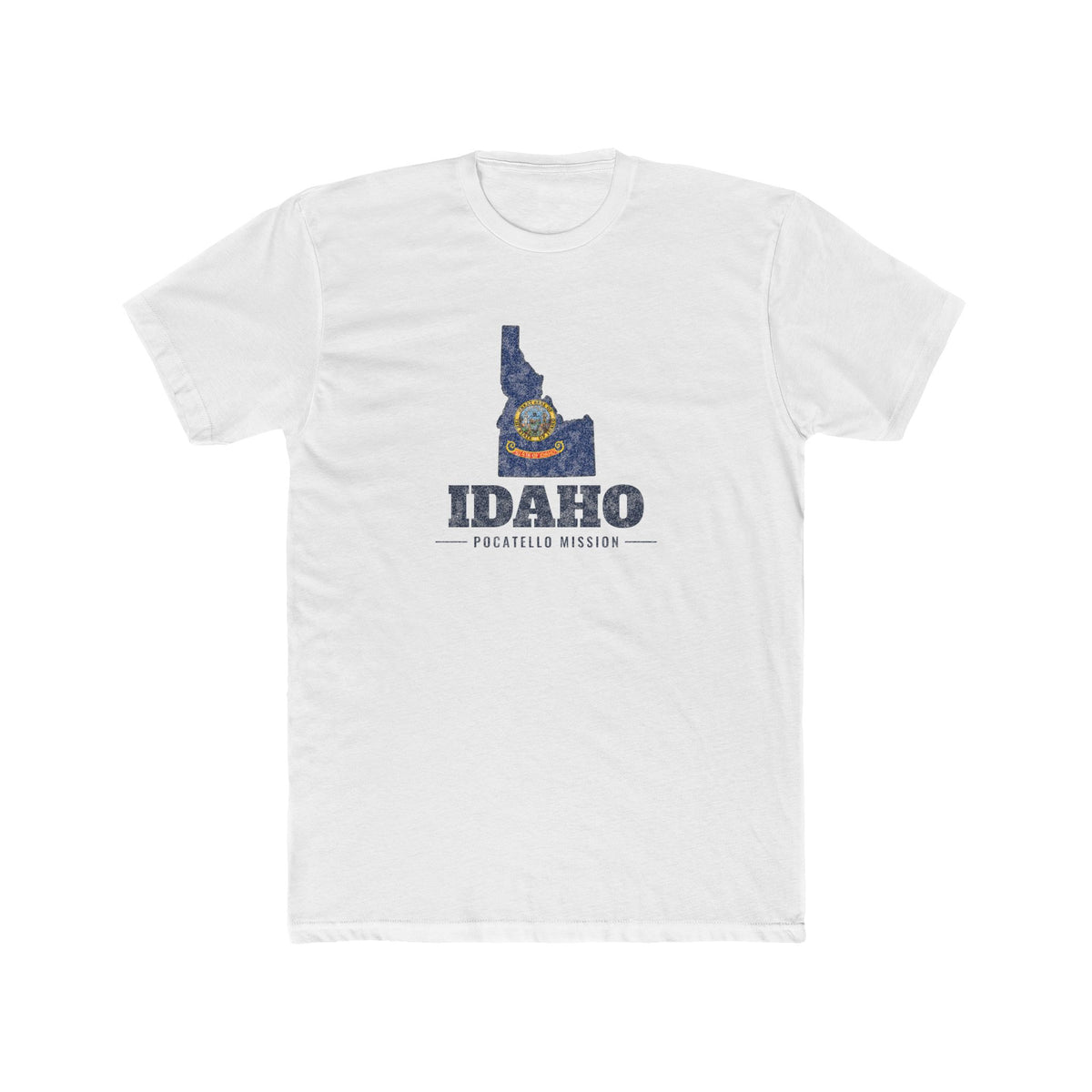 Idaho Pocatello Mission Flag Map shirt in White: Idaho state flag in the outline of Idaho with navy lettering, front view