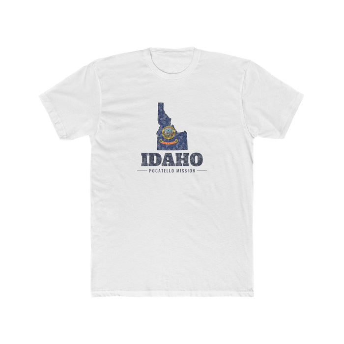 Idaho Pocatello Mission Flag Map shirt in White: Idaho state flag in the outline of Idaho with navy lettering, front view