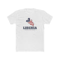 Liberia Monrovia West Mission Flag Map shirt in White: flag of Liberia in the outline of Liberia with navy lettering, front view