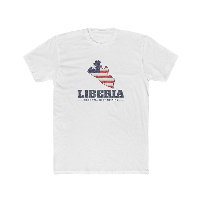 Liberia Monrovia West Mission Flag Map shirt in White: flag of Liberia in the outline of Liberia with navy lettering, front view
