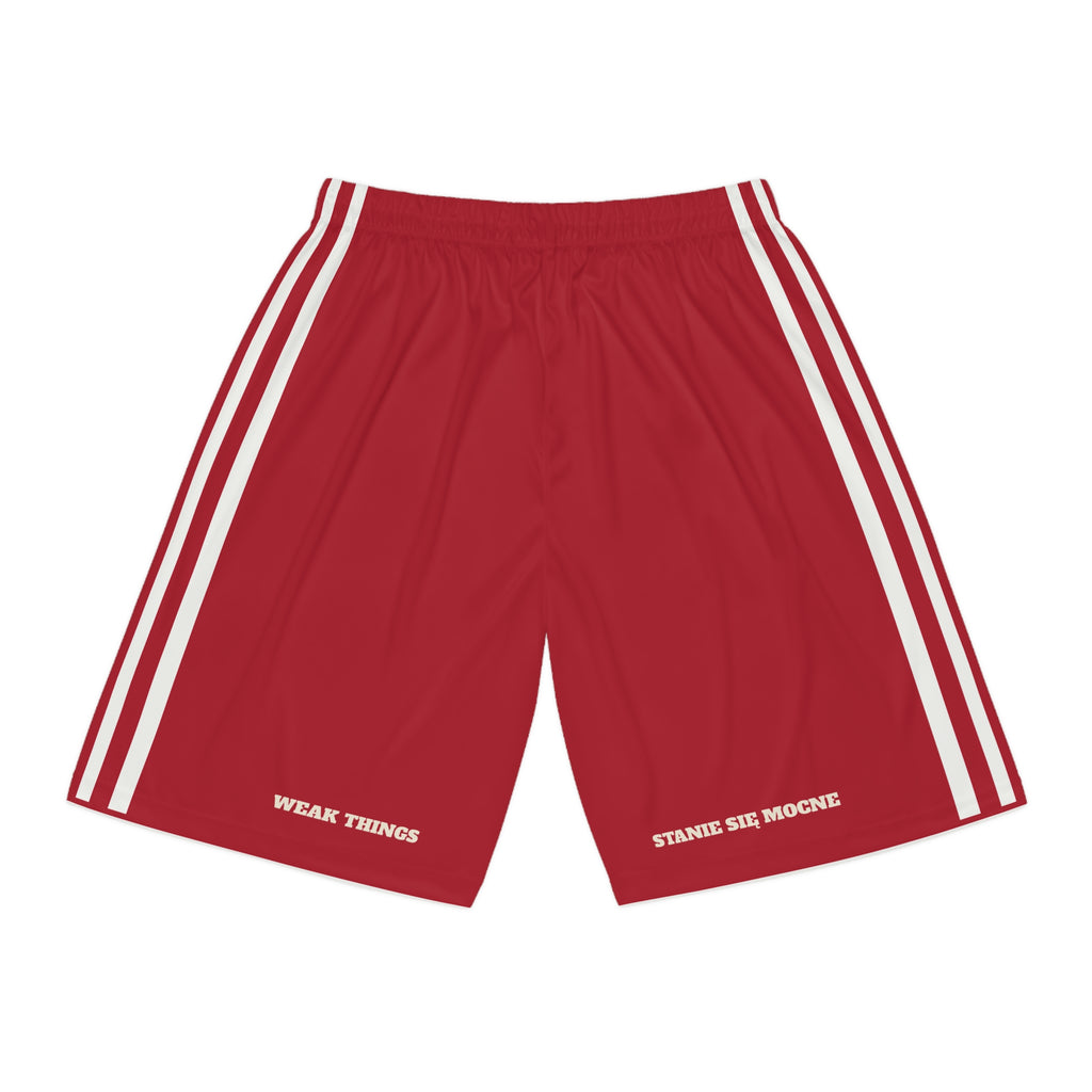 Poland Warsaw Mission Basketball Shorts, back view with WEAK THINGS and STANIE SIĘ MOCNE on the legs