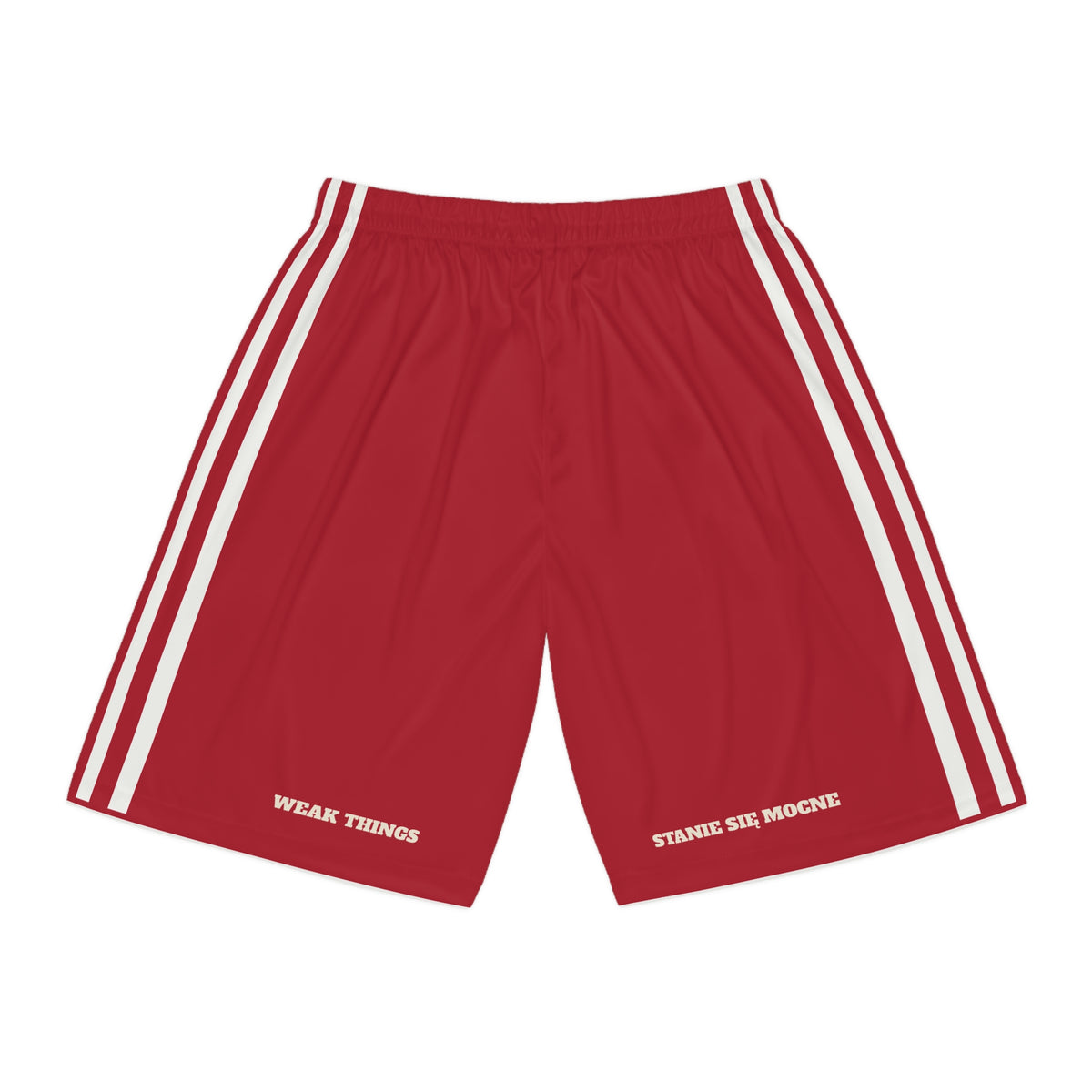 Poland Warsaw Mission Basketball Shorts, back view with WEAK THINGS and STANIE SIĘ MOCNE on the legs