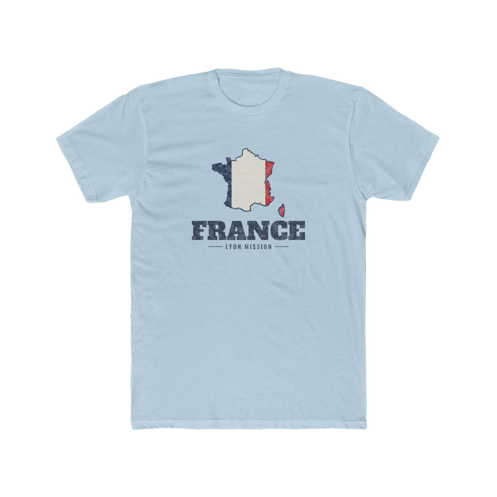 France Lyon Mission Flag Map shirt in Desert Pink: flag of France in the outline of France with navy lettering, front view