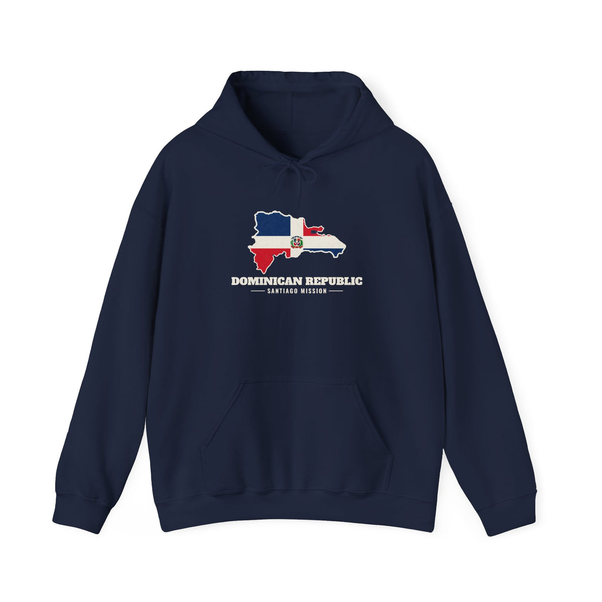 Dominican Republic Santiago Mission Flag Map Hoodie in Navy, front view with the flag map and mission name