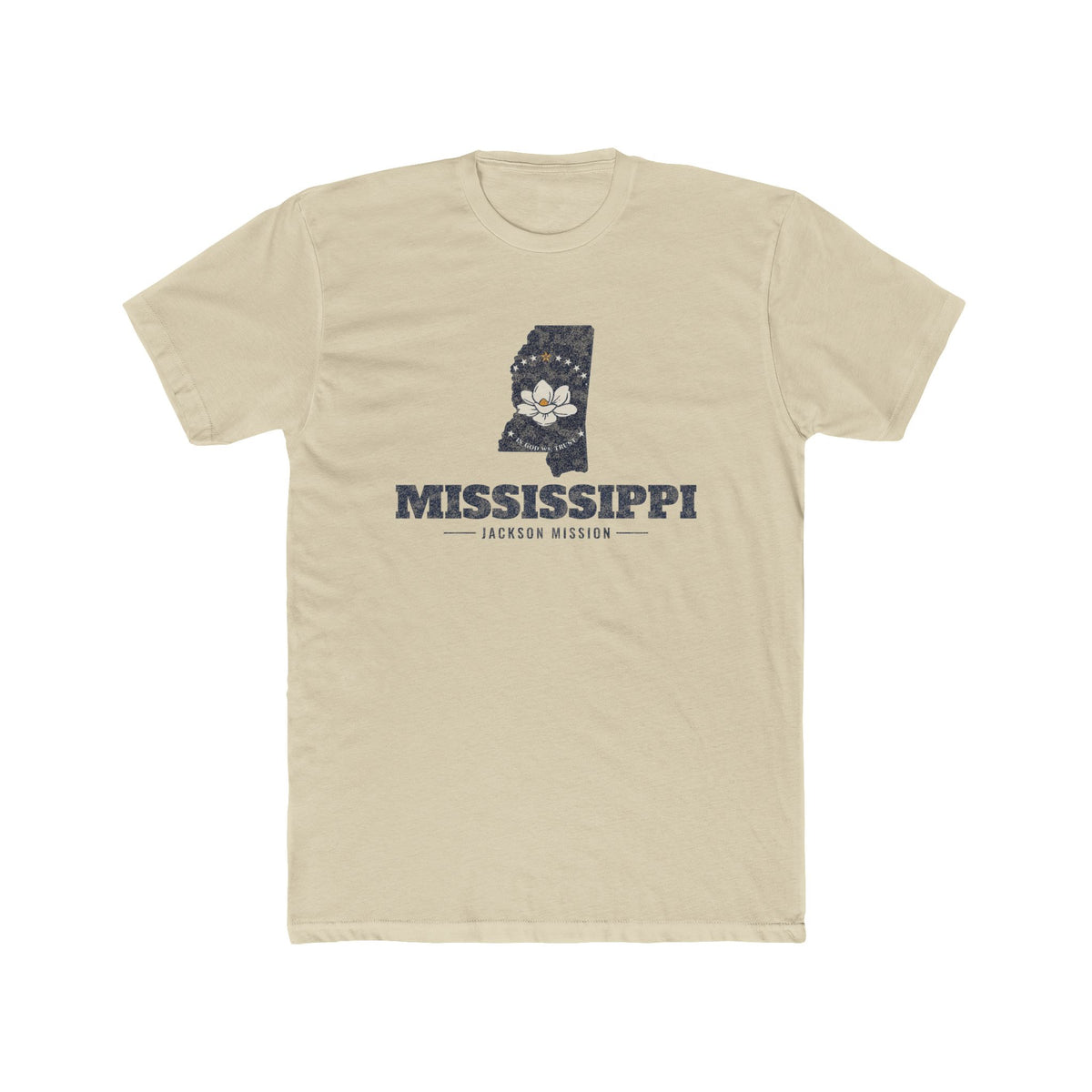 Mississippi Jackson Mission Flag Map shirt in Cream: Mississippi state flag in the outline of Mississippi with navy lettering, front view