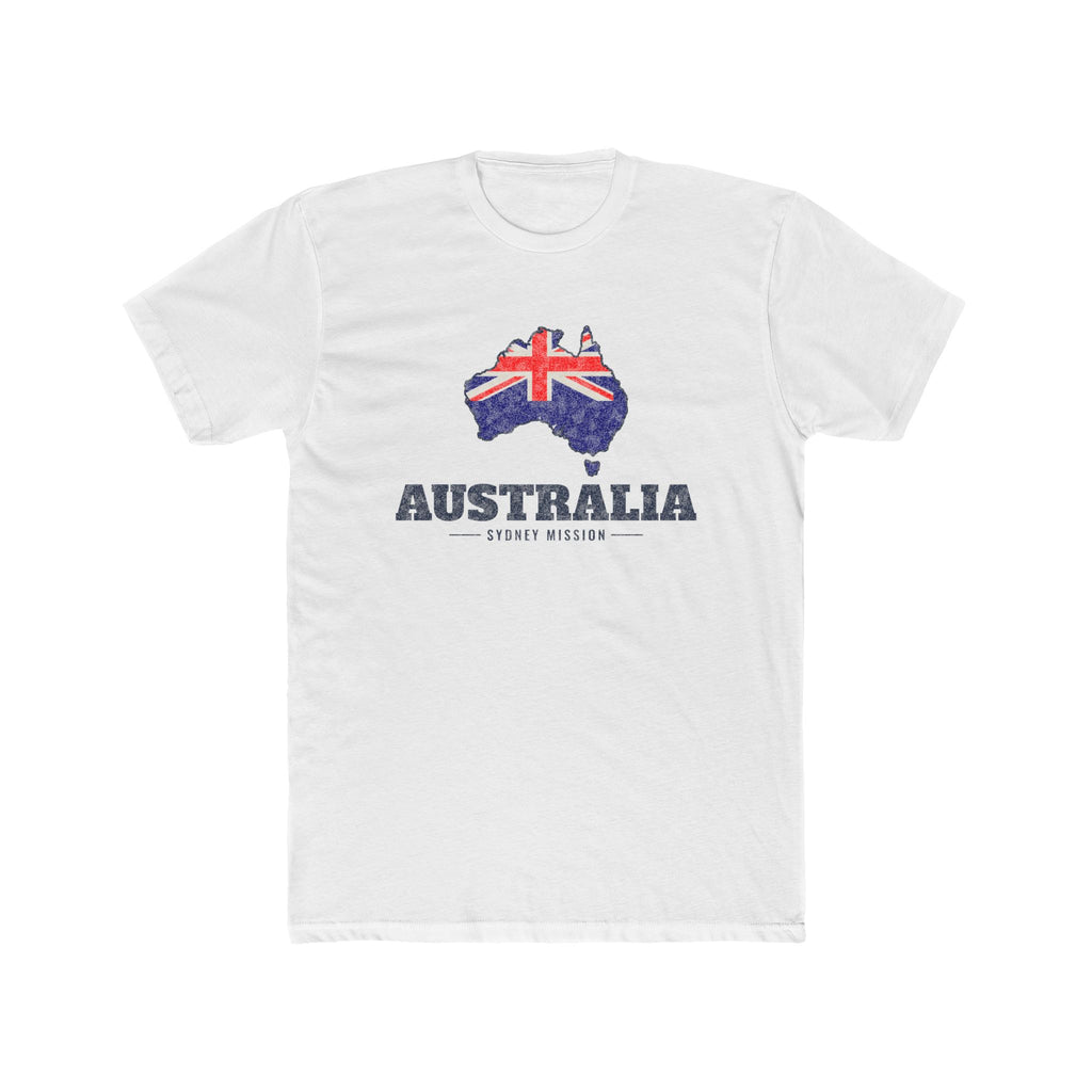 Australia Sydney Mission Flag Map shirt in White: flag of Australia in the outline of Australia with navy lettering, front view