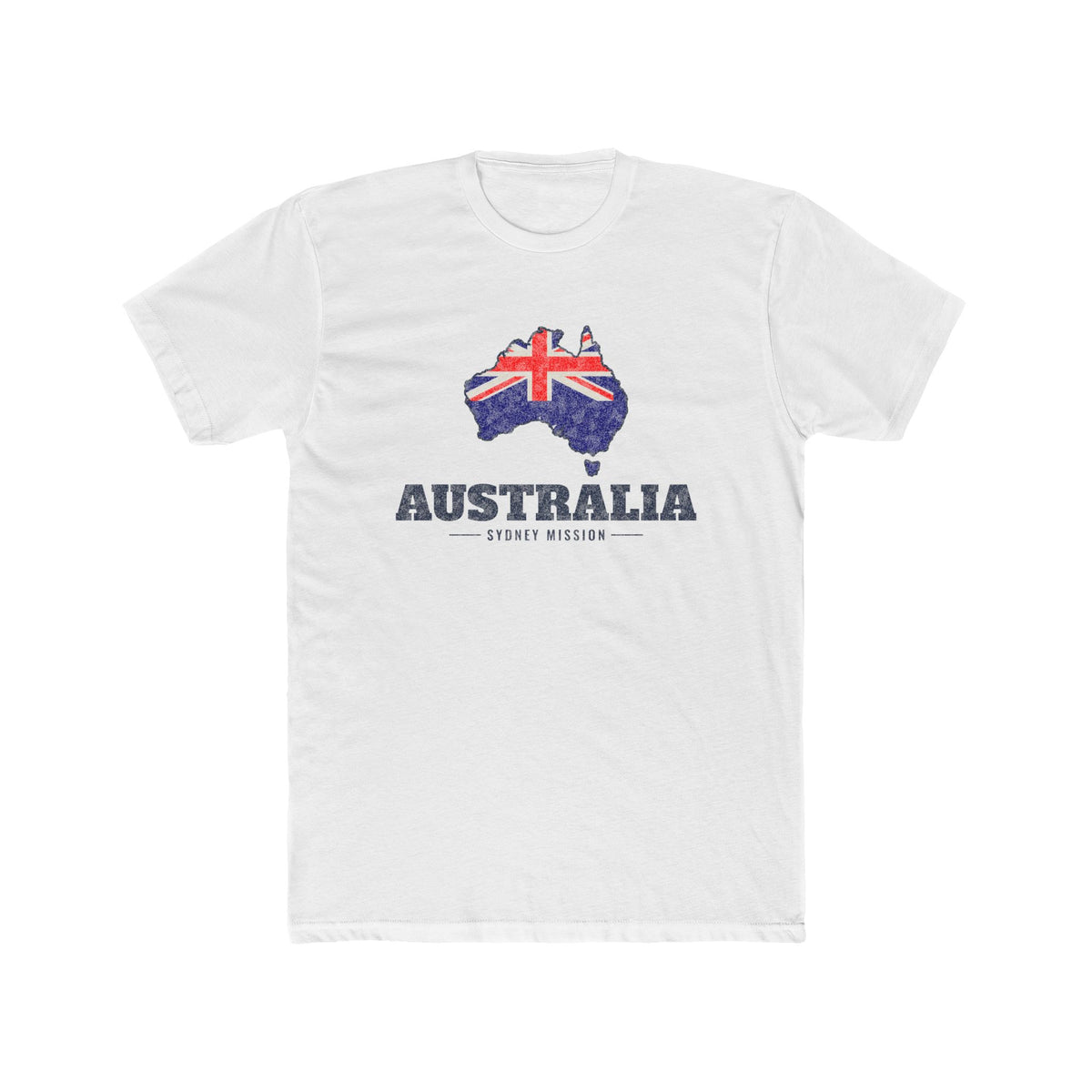 Australia Sydney Mission Flag Map shirt in White: flag of Australia in the outline of Australia with navy lettering, front view