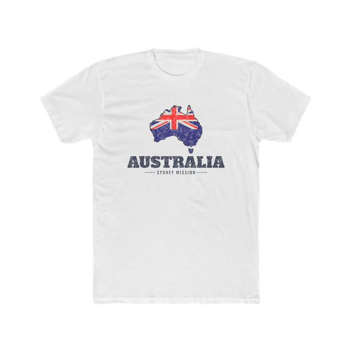 Australia Sydney Mission Flag Map shirt in White: flag of Australia in the outline of Australia with navy lettering, front view
