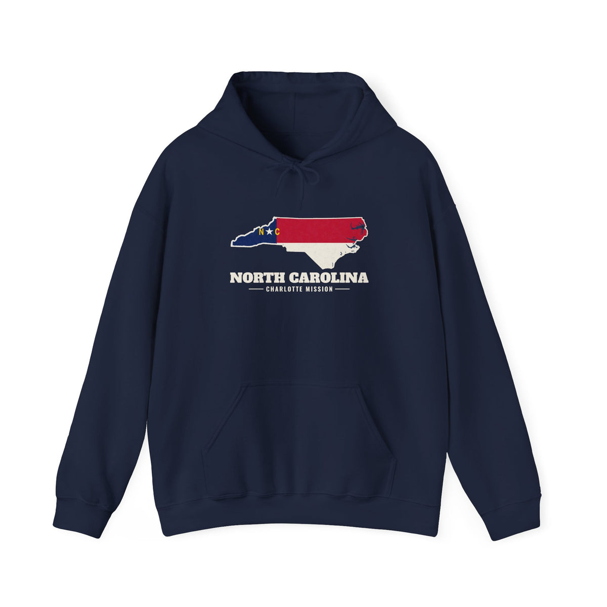 North Carolina Charlotte Mission Flag Map Hoodie in Navy, front view with the flag map and mission name