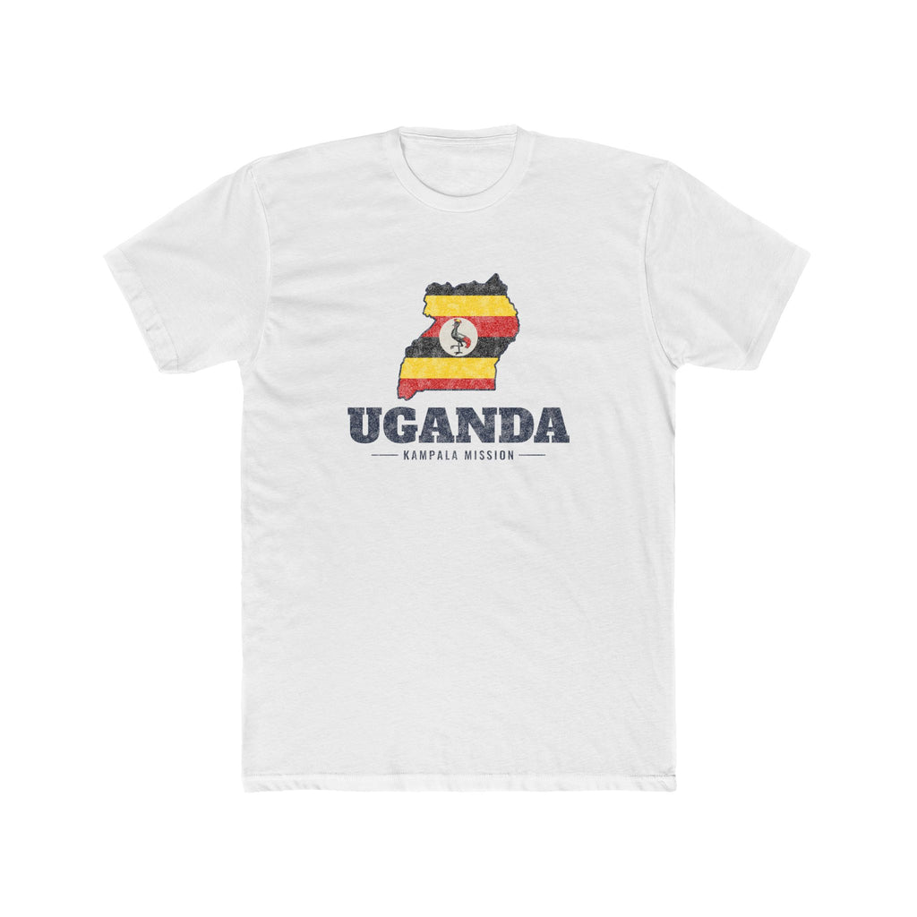 Uganda Kampala Mission Flag Map shirt in White: flag of Uganda in the outline of Uganda with navy lettering, front view