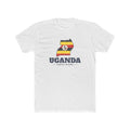 Uganda Kampala Mission Flag Map shirt in White: flag of Uganda in the outline of Uganda with navy lettering, front view