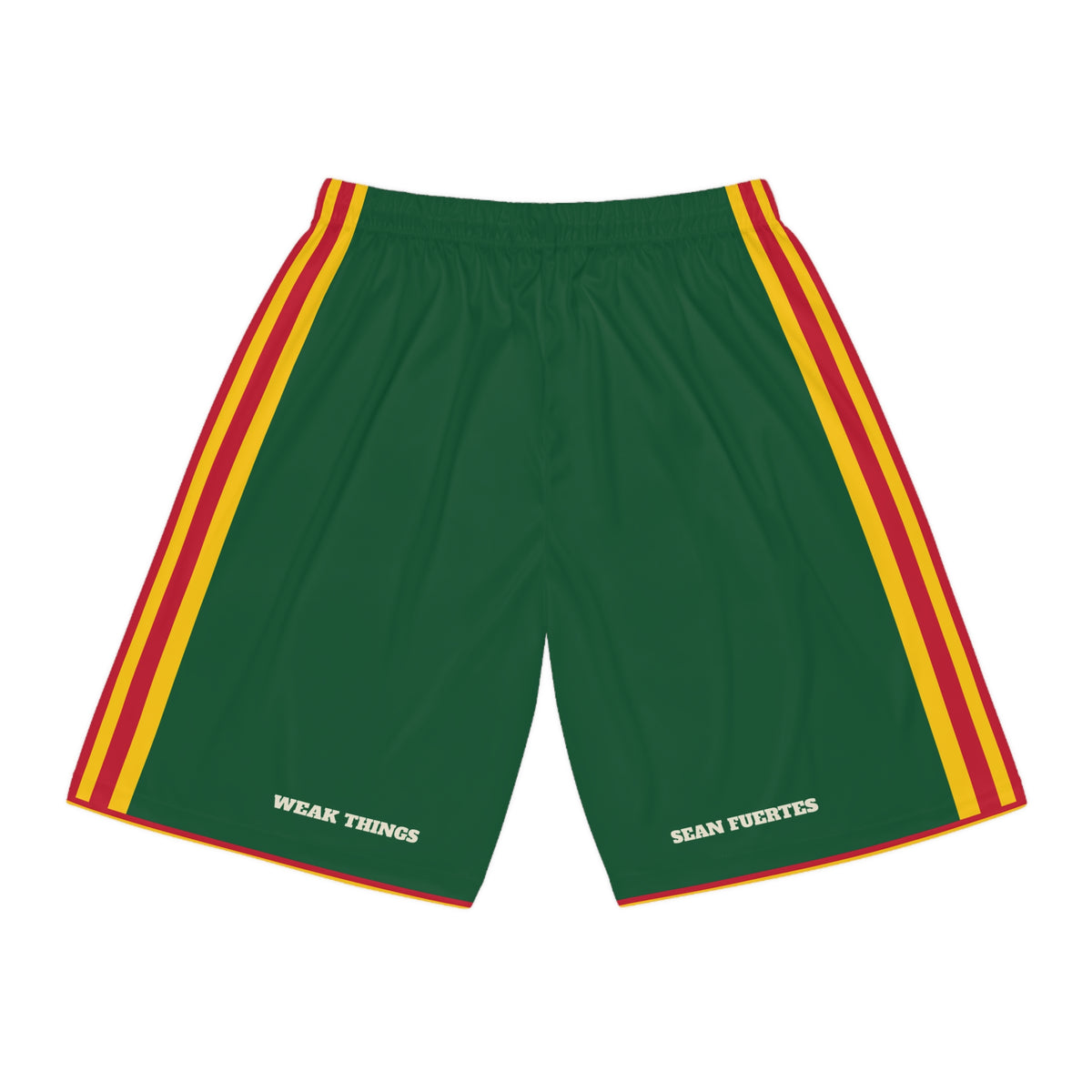 Bolivia Santa Cruz North Mission Basketball Shorts, back view with WEAK THINGS and SEAN FUERTES on the legs