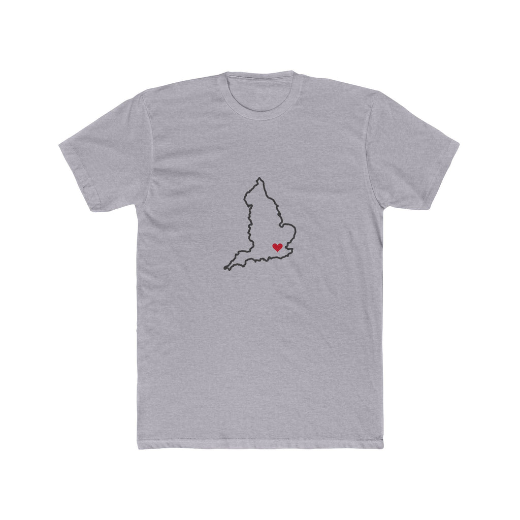England London Mission Heart Map shirt in Heather Grey: England outline with a red heart, front view