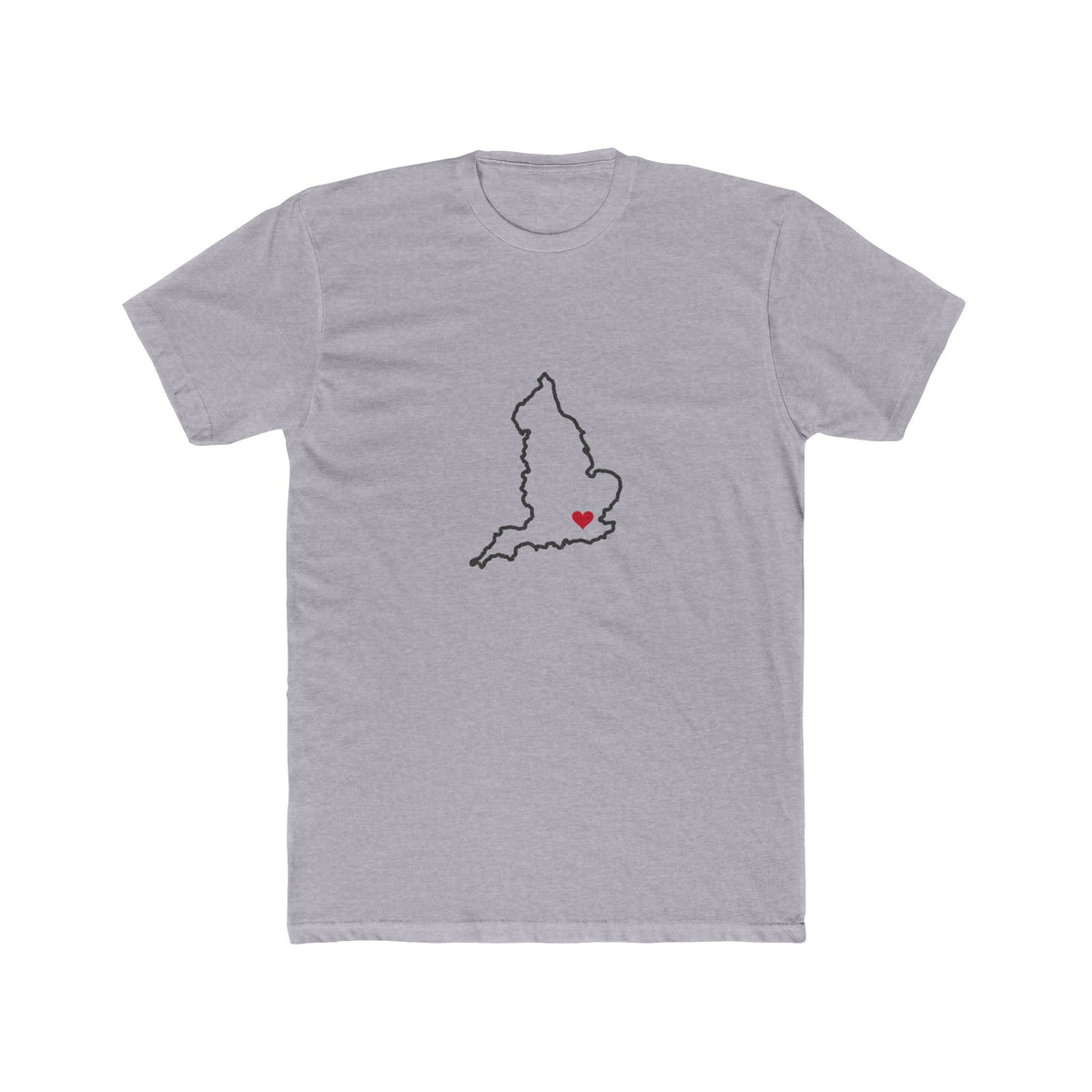 England London Mission Heart Map shirt in Heather Grey: England outline with a red heart, front view