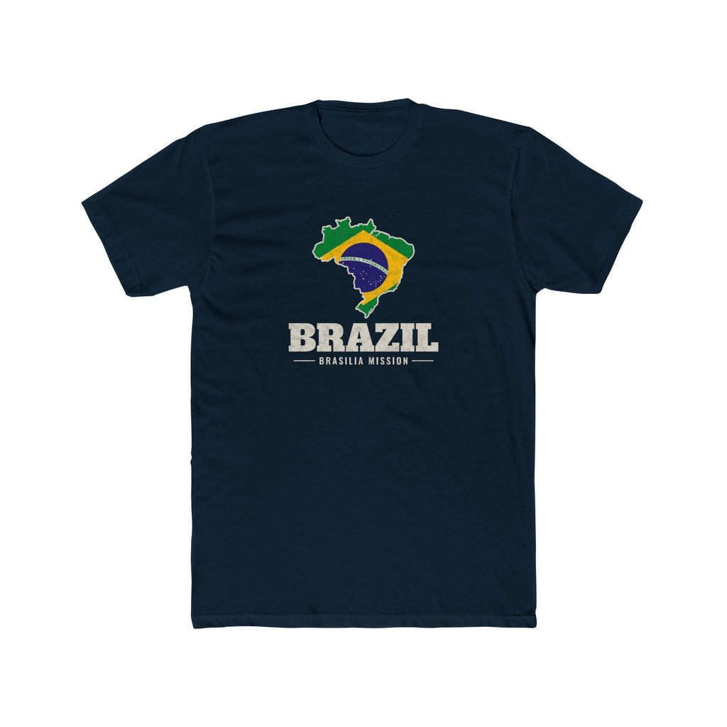 Brazil Brasilia Mission Flag Map shirt in Black: flag of Brazil in the outline of Brazil with cream lettering, front view