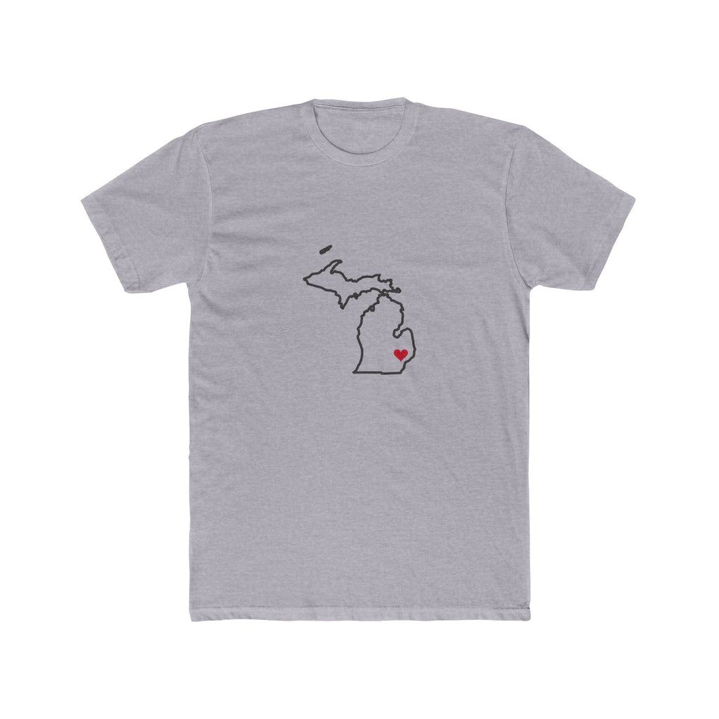 Michigan Detroit Mission Heart Map shirt in Heather Grey: Michigan outline with a red heart, front view