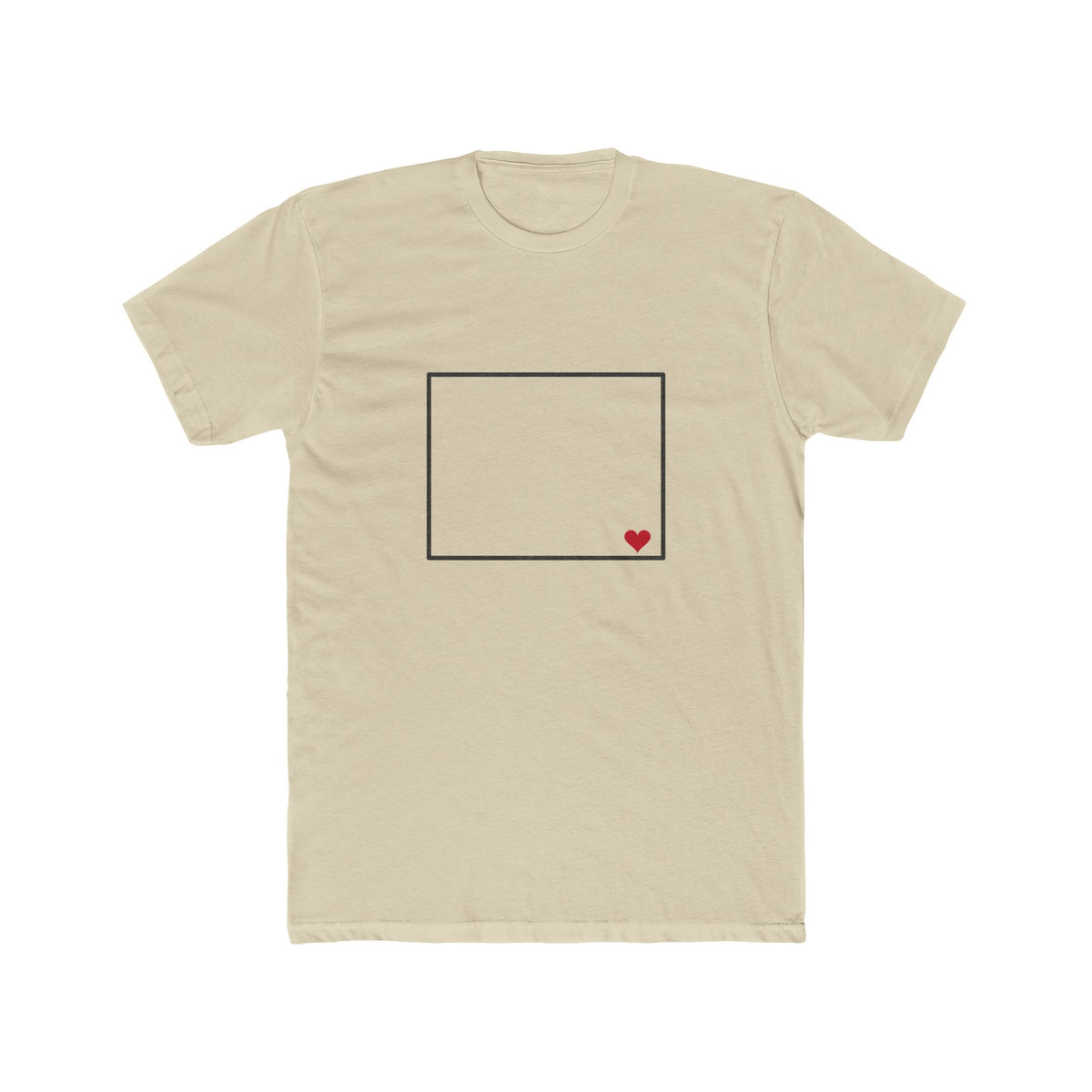 Wyoming Cheyenne Mission Heart Map shirt in Cream: Wyoming outline with a red heart, front view