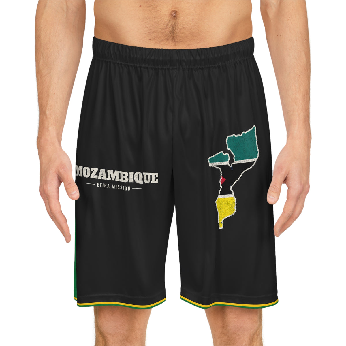 Mozambique Beira Mission Basketball Shorts, worn, front view