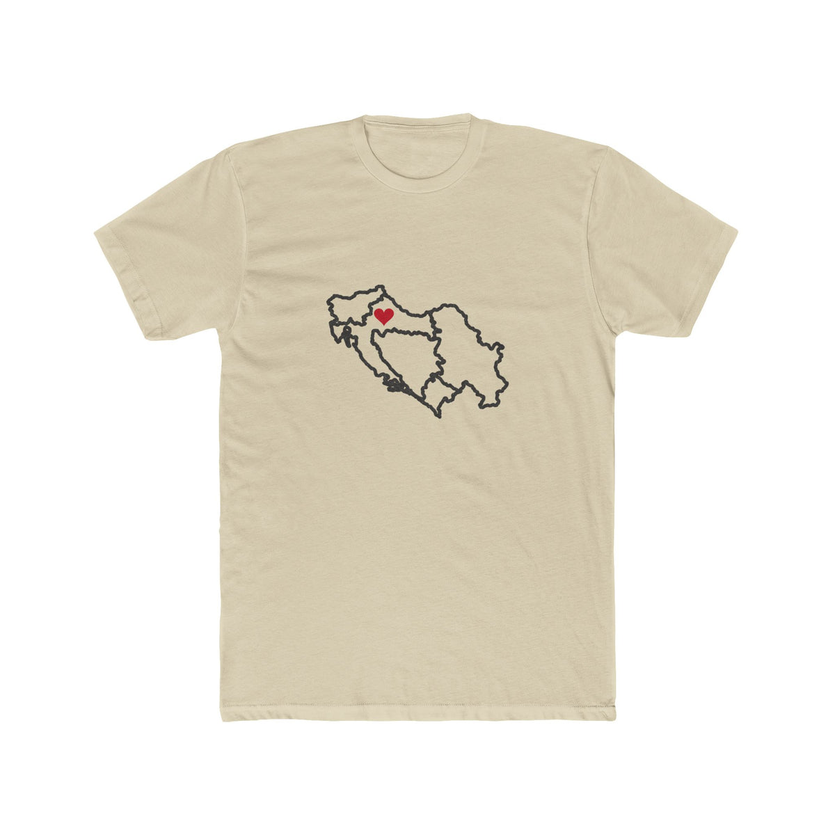 Adriatic North Mission Heart Map shirt in Cream: Adriatic (Balkans) outline with a red heart, front view