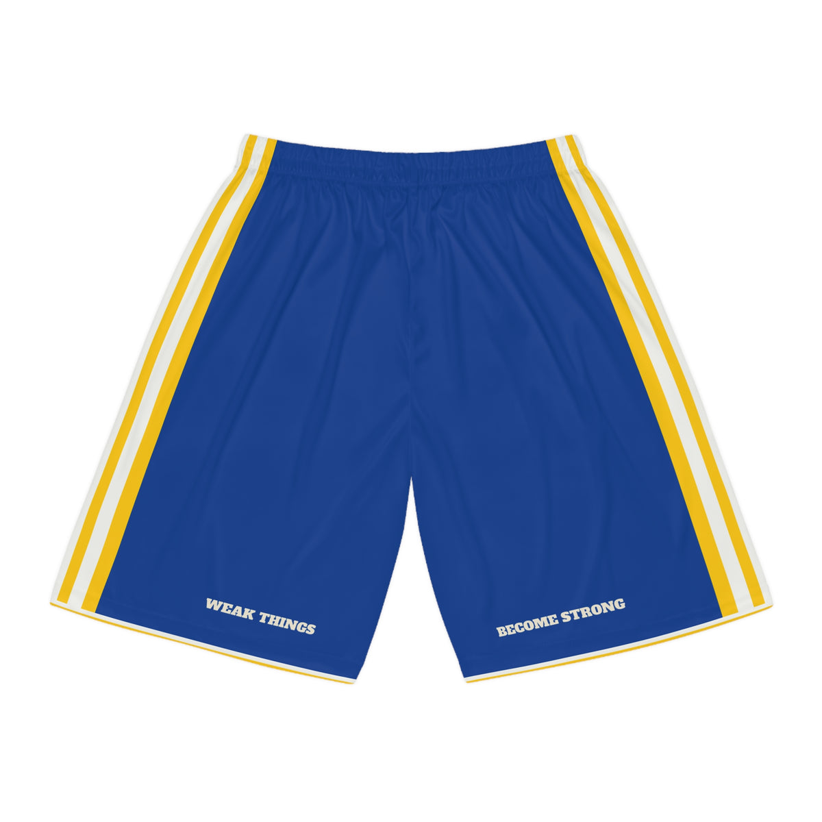 New Hampshire Manchester Mission Basketball Shorts, back view with WEAK THINGS and BECOME STRONG on the legs