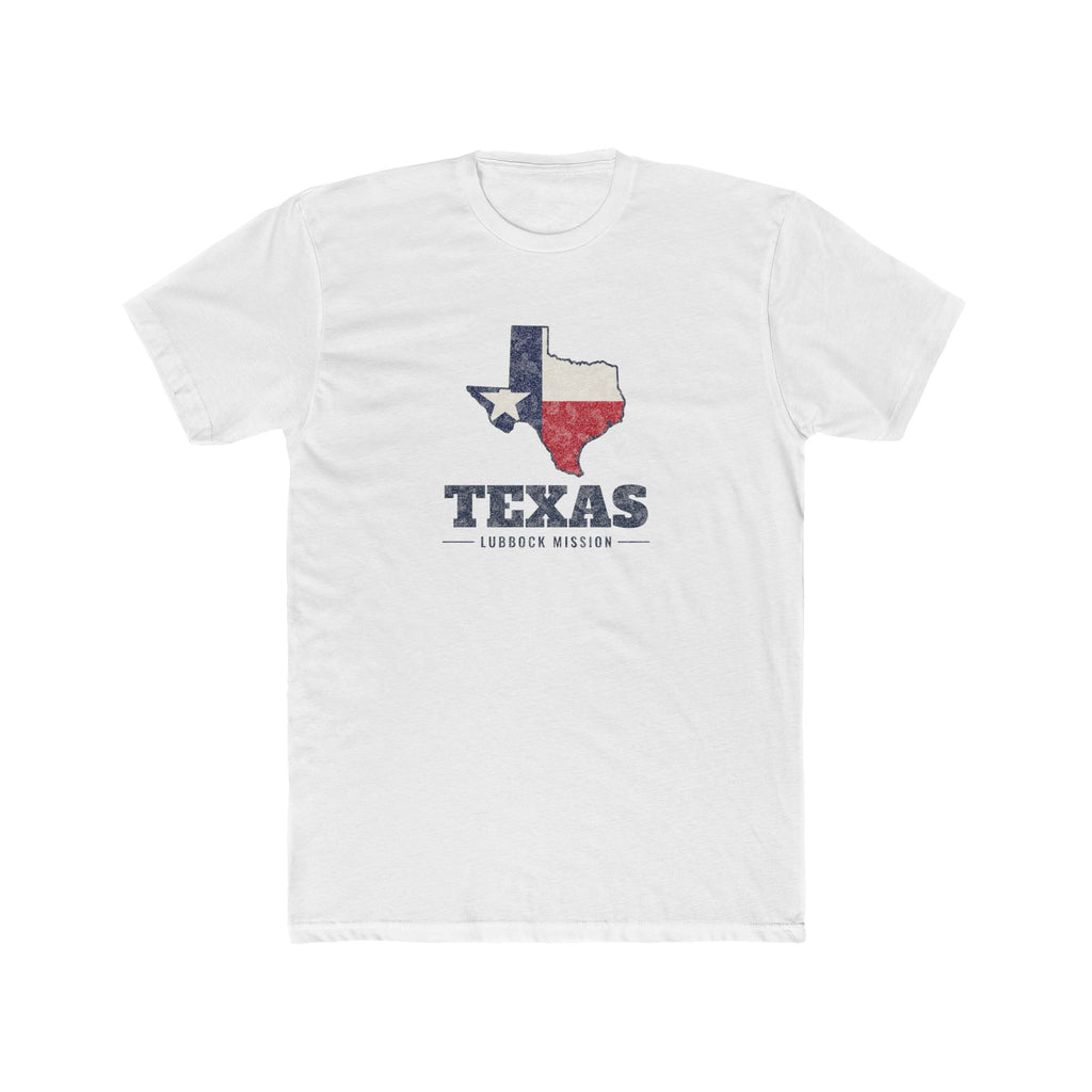 Texas Lubbock Mission Flag Map shirt in White: Texas state flag in the outline of Texas with navy lettering, front view