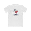 Texas Lubbock Mission Flag Map shirt in White: Texas state flag in the outline of Texas with navy lettering, front view