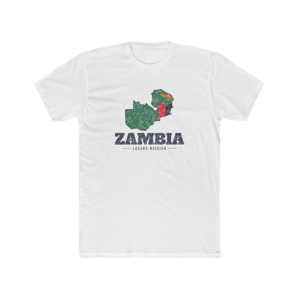 Zambia Lusaka Mission Flag Map shirt in White: flag of Zambia in the outline of Zambia with navy lettering, front view