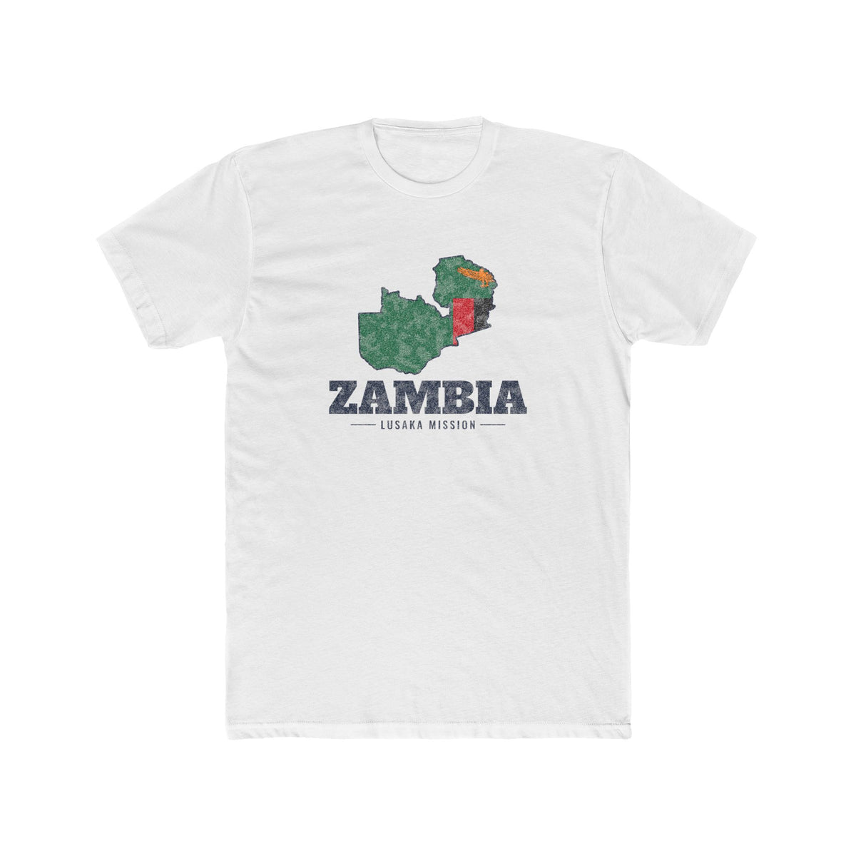 Zambia Lusaka Mission Flag Map shirt in White: flag of Zambia in the outline of Zambia with navy lettering, front view
