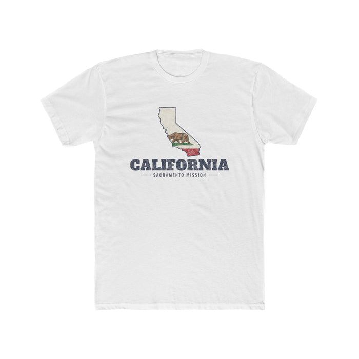 California Sacramento Mission Flag Map shirt in White: California state flag in the outline of California with navy lettering, front view