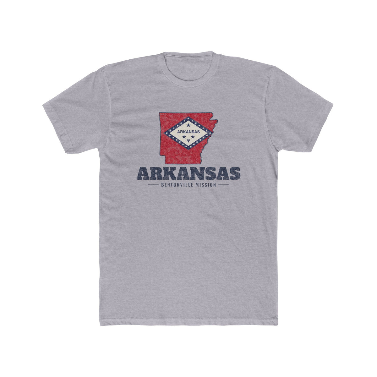 Arkansas Bentonville Mission Flag Map shirt in Heather Grey: Arkansas state flag in the outline of Arkansas with navy lettering, front view