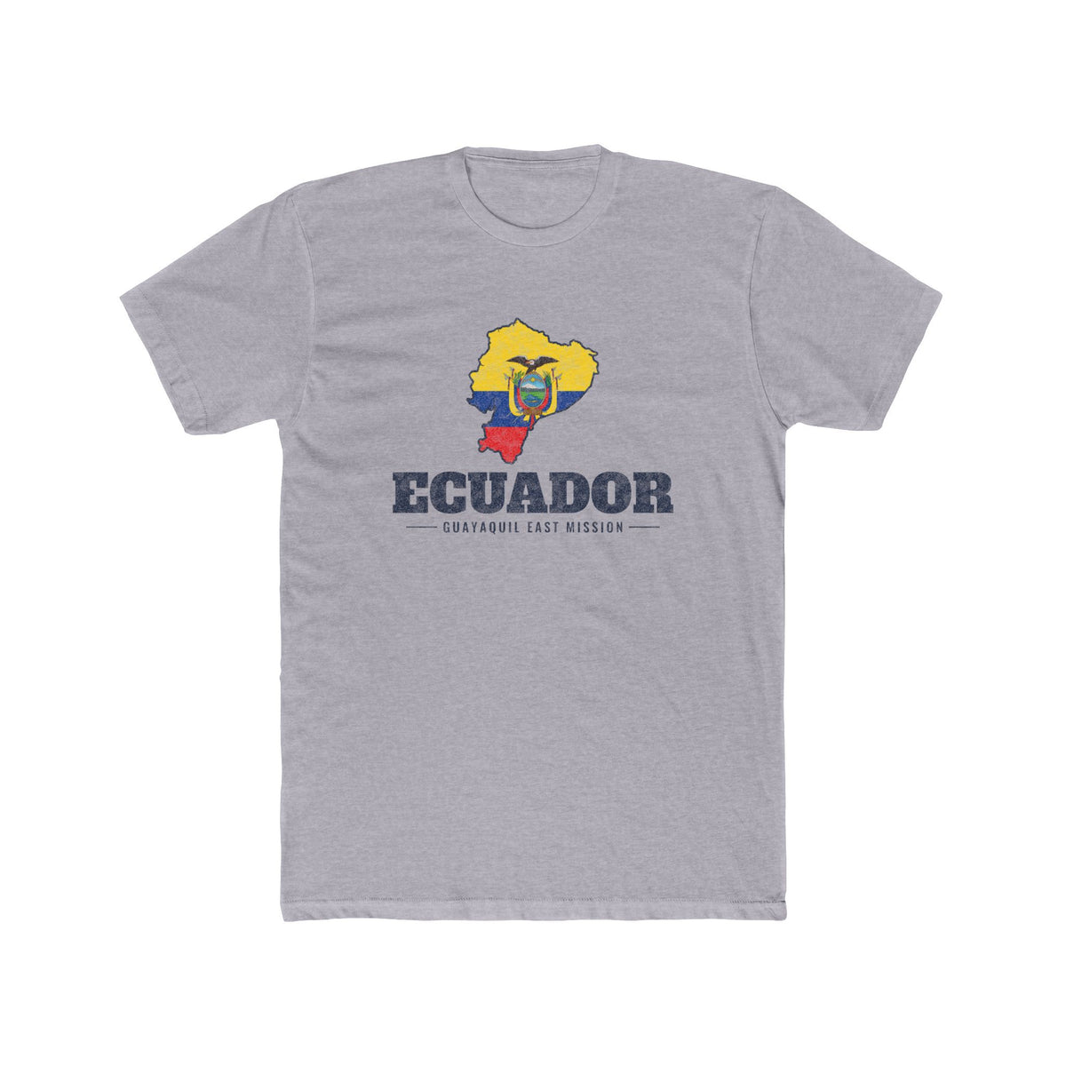 Ecuador Guayaquil East Mission Flag Map shirt in Heather Grey: flag of Ecuador in the outline of Ecuador with navy lettering, front view