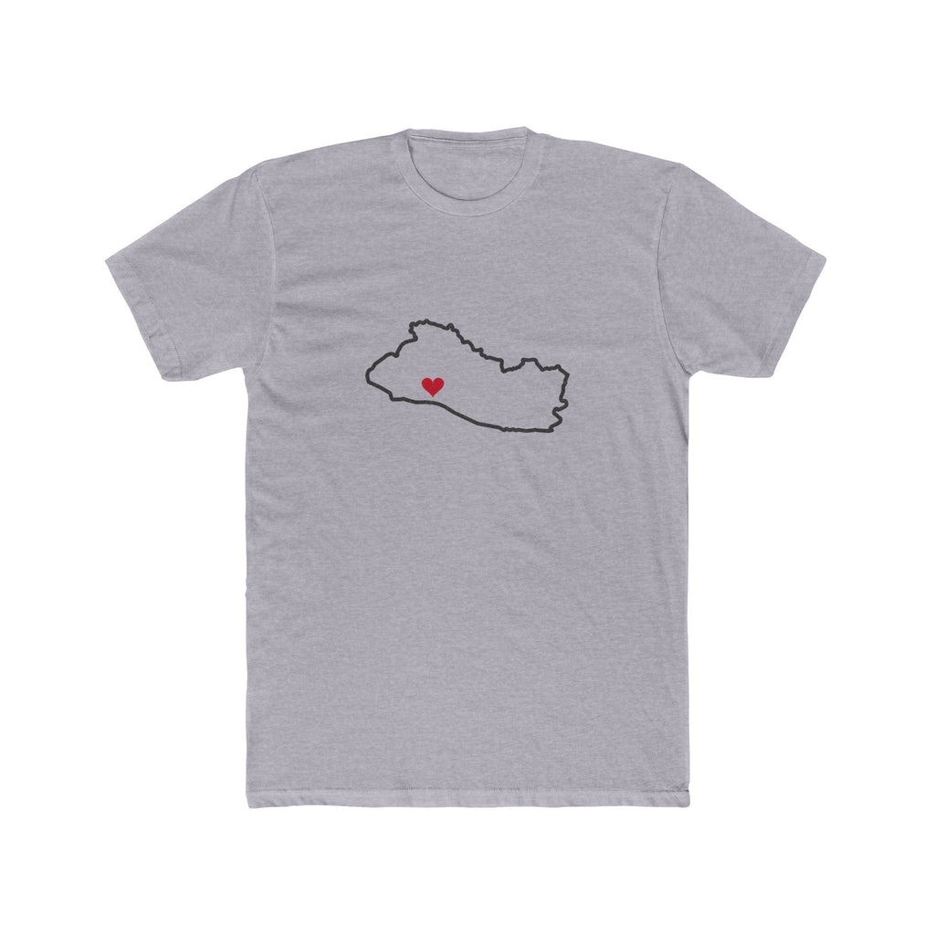 El Salvador San Salvador West Mission Heart Map shirt in Heather Grey: El Salvador outline with a red heart, front view