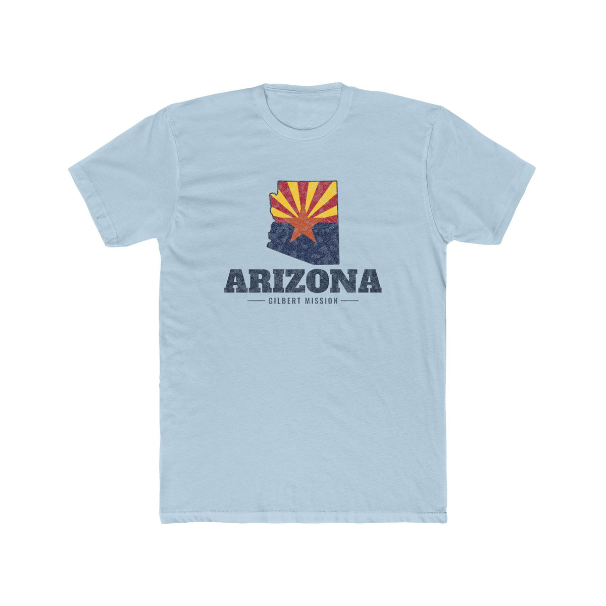 Arizona Gilbert Mission Flag Map shirt in Desert Pink: Arizona state flag in the outline of Arizona with navy lettering, front view