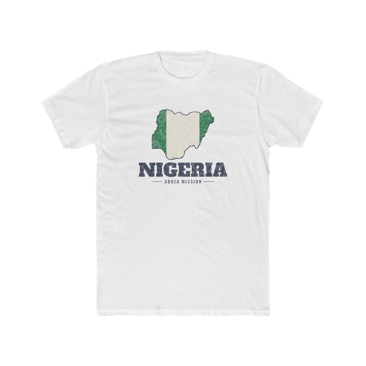 Nigeria Abuja Mission Flag Map shirt in White: flag of Nigeria in the outline of Nigeria with navy lettering, front view