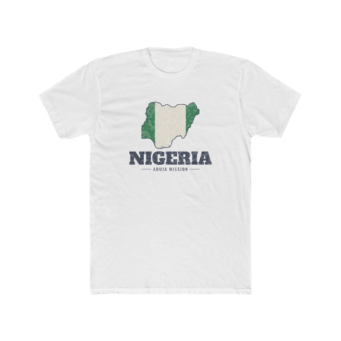 Nigeria Abuja Mission Flag Map shirt in White: flag of Nigeria in the outline of Nigeria with navy lettering, front view