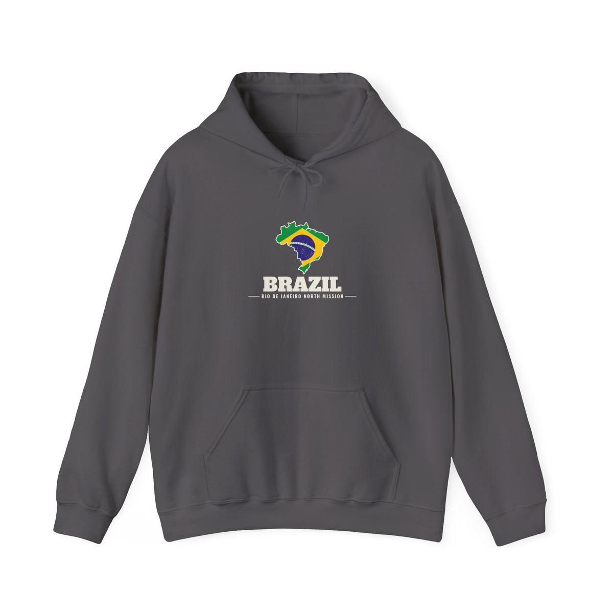Brazil Rio de Janeiro North Mission Flag Map Hoodie in Charcoal, front view with the Brazil flag map and mission name