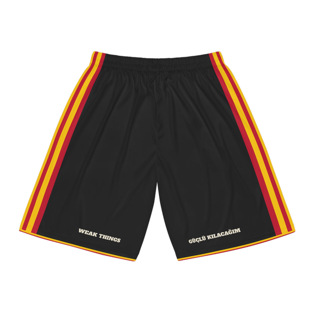 Europe Central Turkic and Persian-Speaking Mission Basketball Shorts, back view with WEAK THINGS and GÜÇLÜ KILACAĞIM on the legs