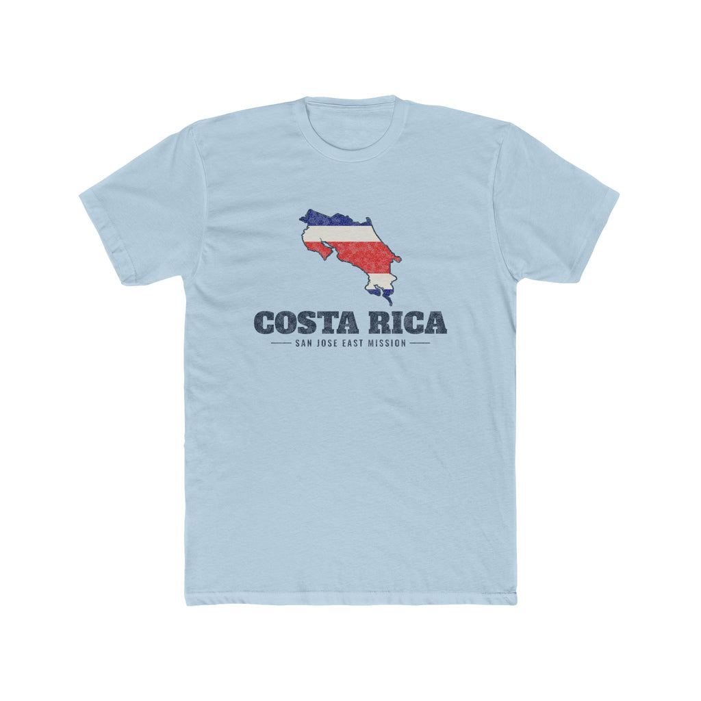 Costa Rica San Jose East Mission Flag Map shirt in Desert Pink: flag of Costa Rica in the outline of Costa Rica with navy lettering, front view