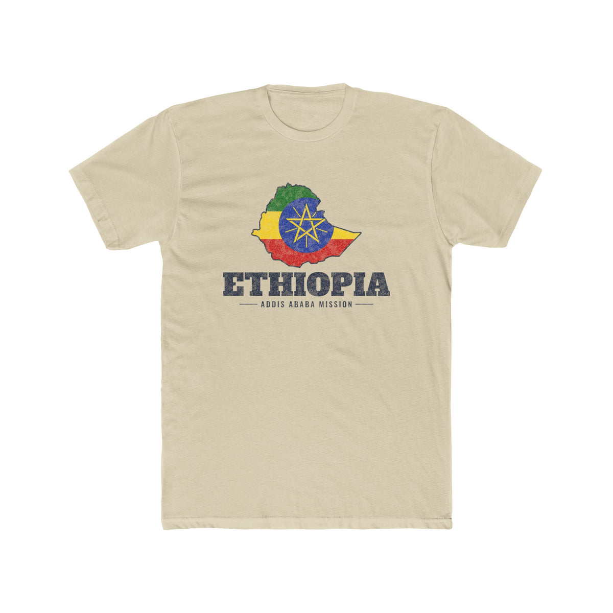 Ethiopia Addis Ababa Mission Flag Map shirt in Cream: flag of Ethiopia in the outline of Ethiopia with navy lettering, front view