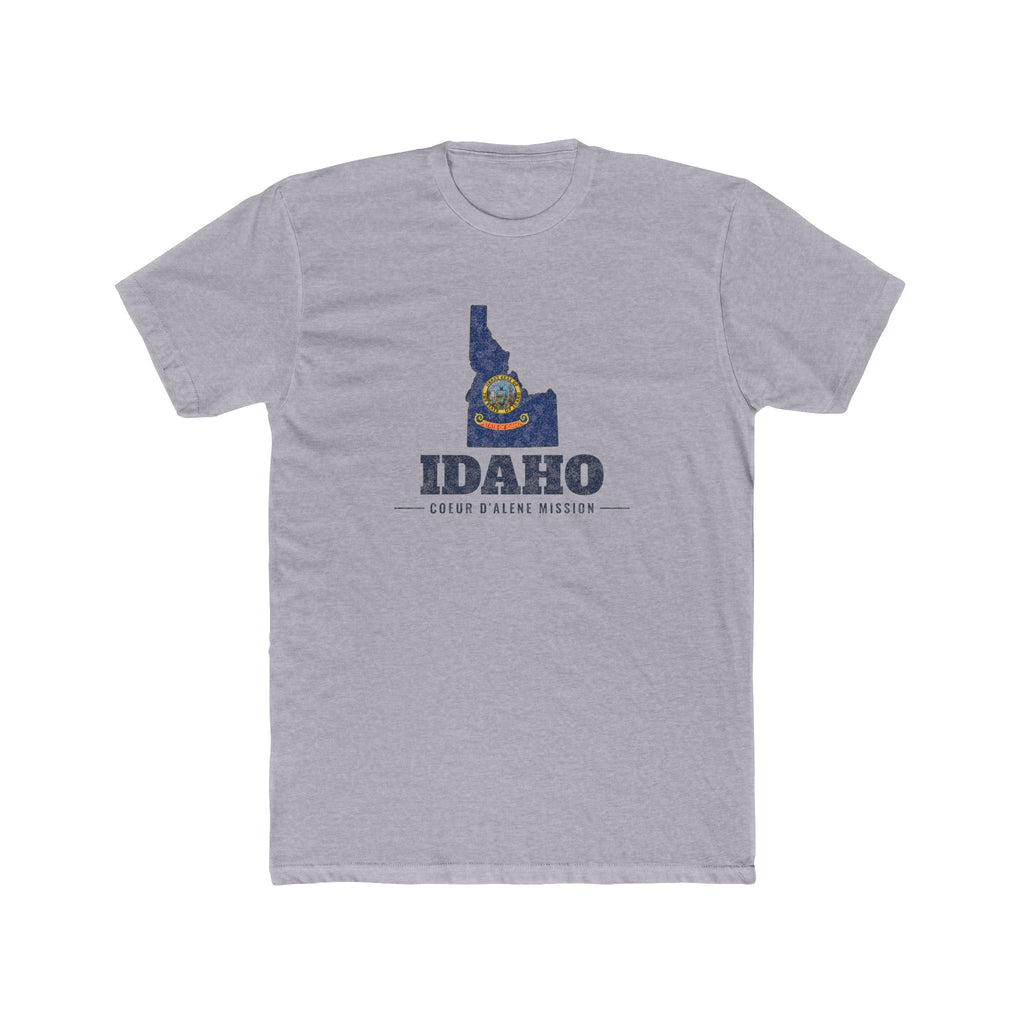 Idaho Coeur d'Alene Mission Flag Map shirt in Heather Grey: Idaho state flag in the outline of Idaho with navy lettering, front view