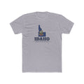 Idaho Coeur d'Alene Mission Flag Map shirt in Heather Grey: Idaho state flag in the outline of Idaho with navy lettering, front view