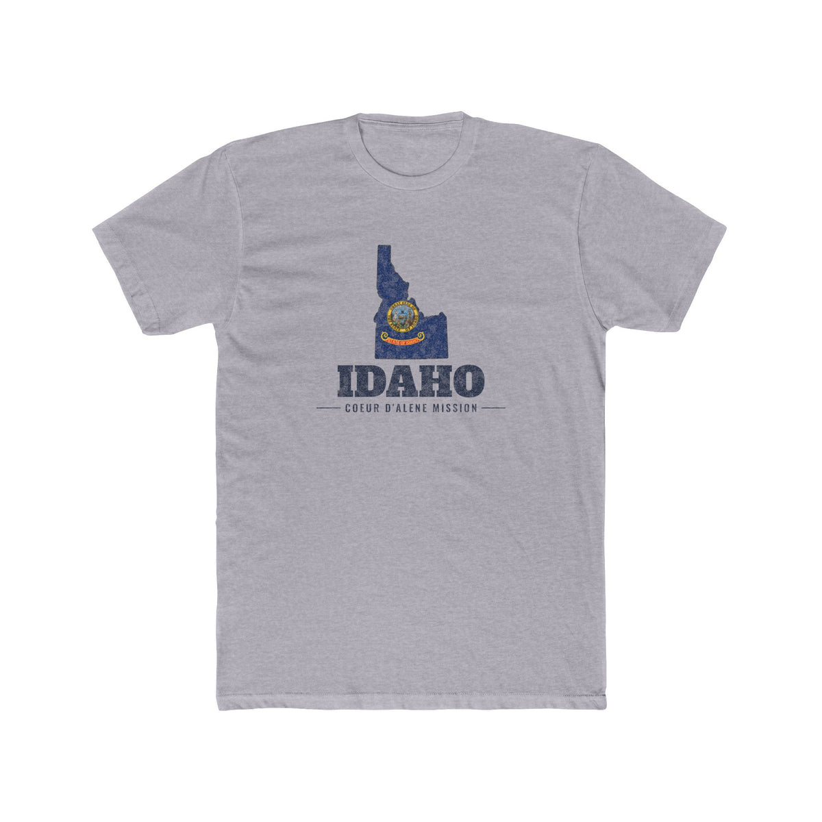 Idaho Coeur d'Alene Mission Flag Map shirt in Heather Grey: Idaho state flag in the outline of Idaho with navy lettering, front view