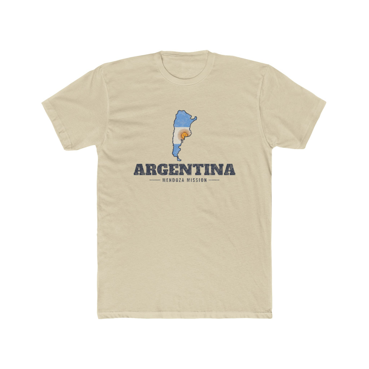 Argentina Mendoza Mission Flag Map shirt in Cream: flag of Argentina in the outline of Argentina with navy lettering, front view
