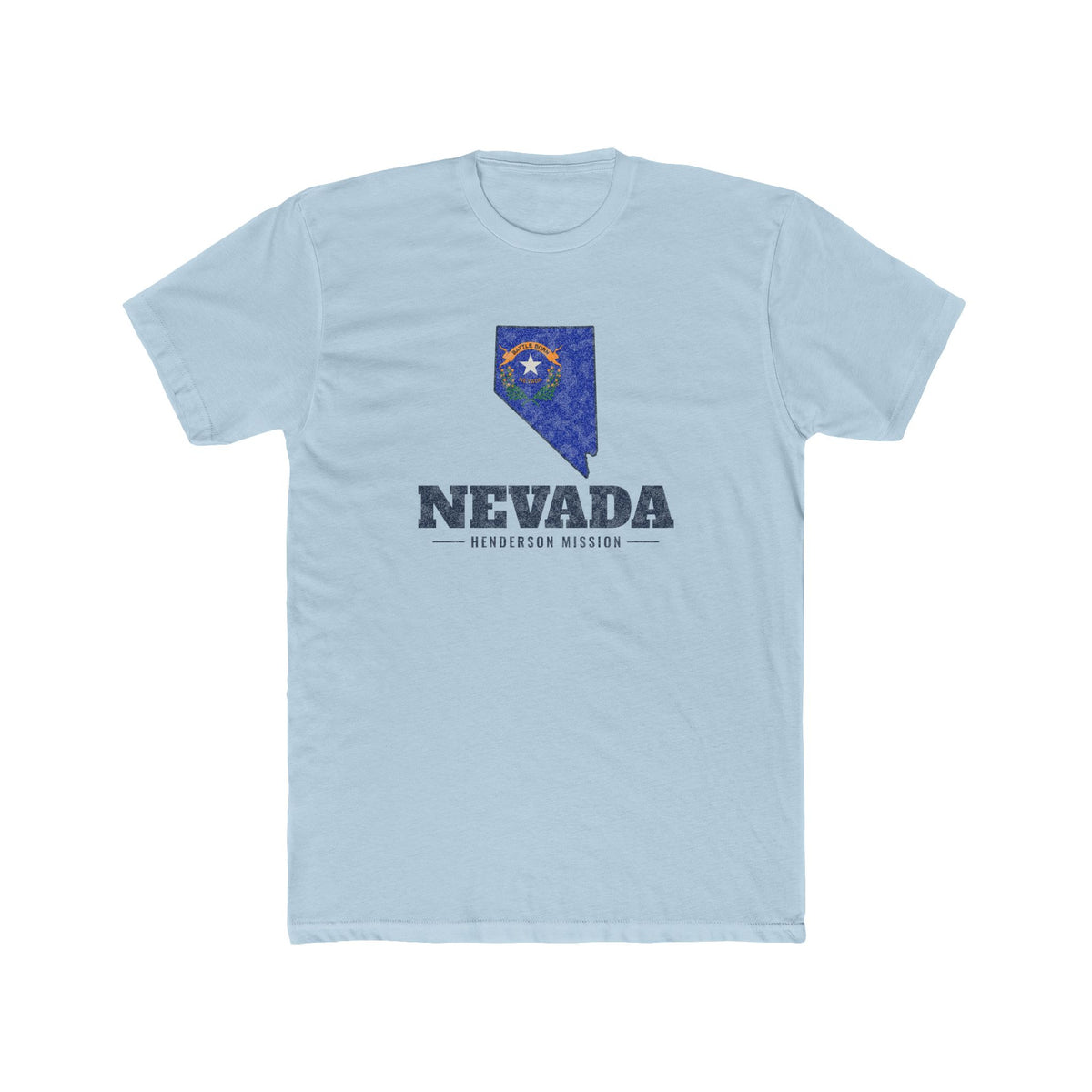 Nevada Henderson Mission Flag Map shirt in Desert Pink: Nevada state flag in the outline of Nevada with navy lettering, front view